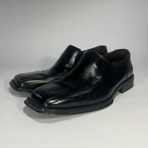 Kenneth Cole New York Mens Black Leather Square Toe Loafer Slip On Dress Shoes